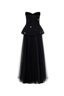 Lili Blanc sweetheart neckline black gown showing back detail, elegant floor-length dress with fitted silhouette.