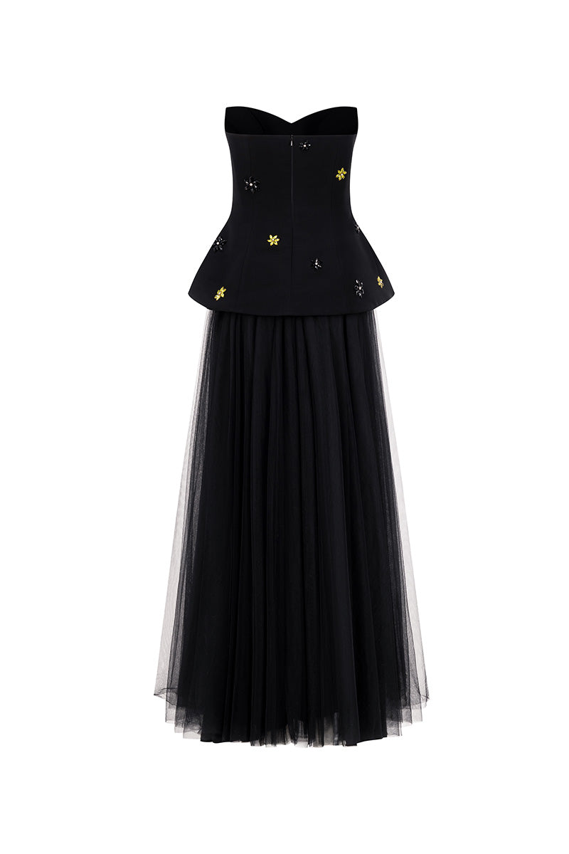 Lili Blanc sweetheart neckline black gown showing back detail, elegant floor-length dress with fitted silhouette.
