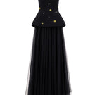 Black sweetheart neckline gown by Lili Blanc, featuring elegant design and flowing fabric, shown from the front view.