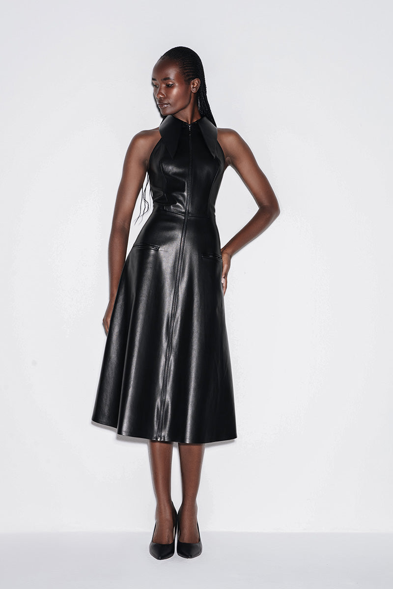 FAUX LEATHER HALTERNECK MIDI DRESS IN BLACK - CULT MIA