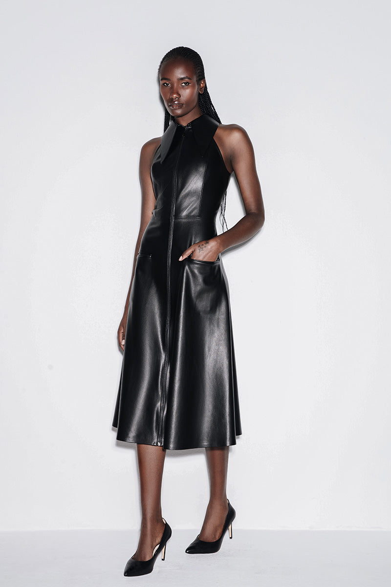 FAUX LEATHER HALTERNECK MIDI DRESS IN BLACK - CULT MIA