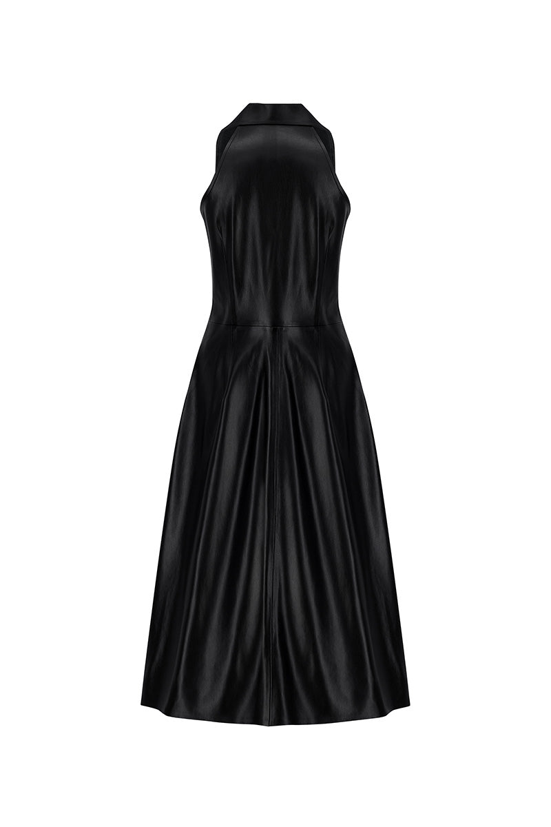 FAUX LEATHER HALTERNECK MIDI DRESS IN BLACK - CULT MIA