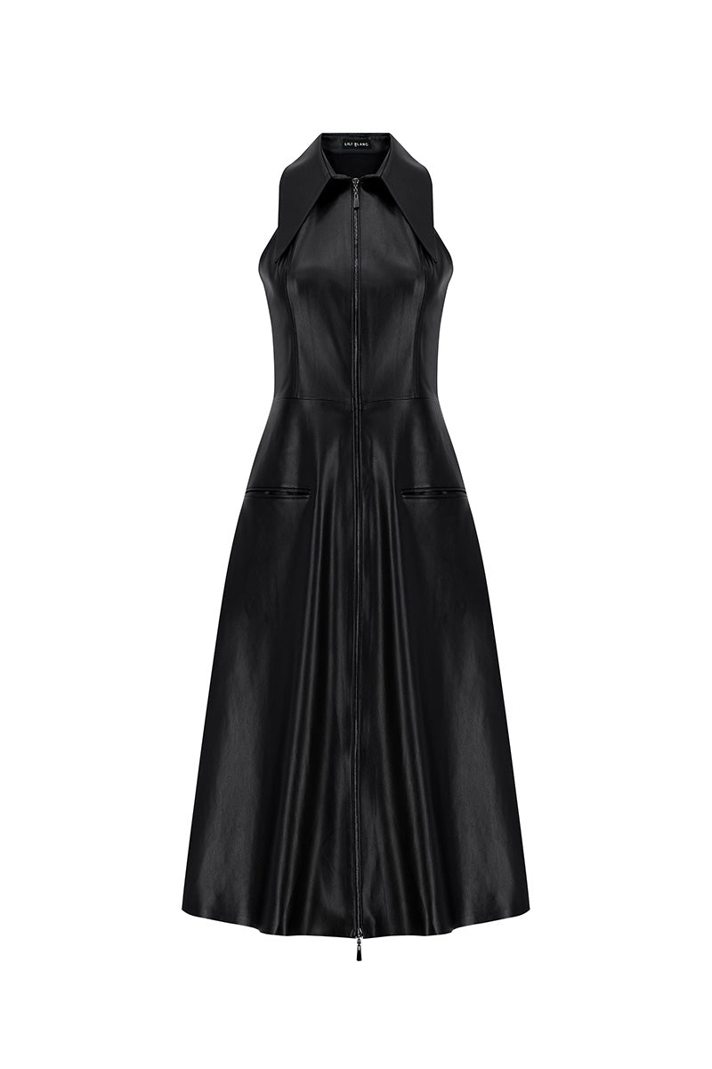 FAUX LEATHER HALTERNECK MIDI DRESS IN BLACK - CULT MIA