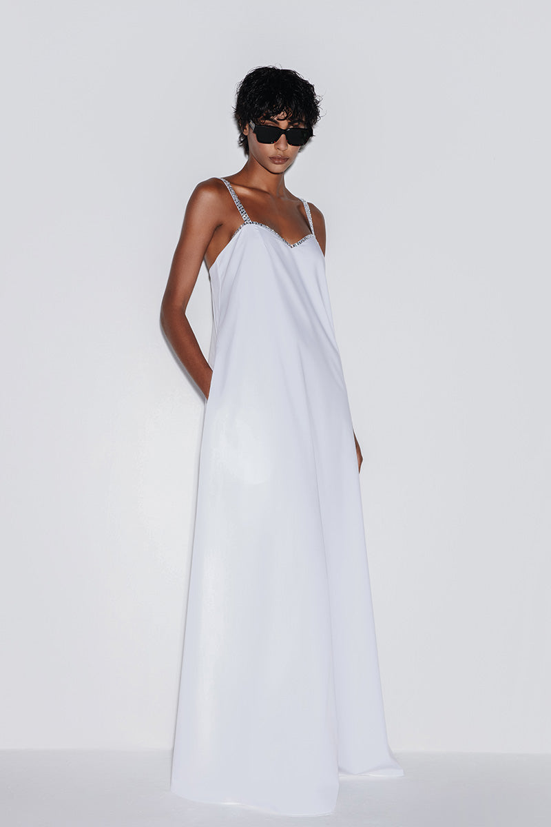SWEETHEART MAXI DRESS WITH CRYSTAL STRAPS IN WHITE - CULT MIA