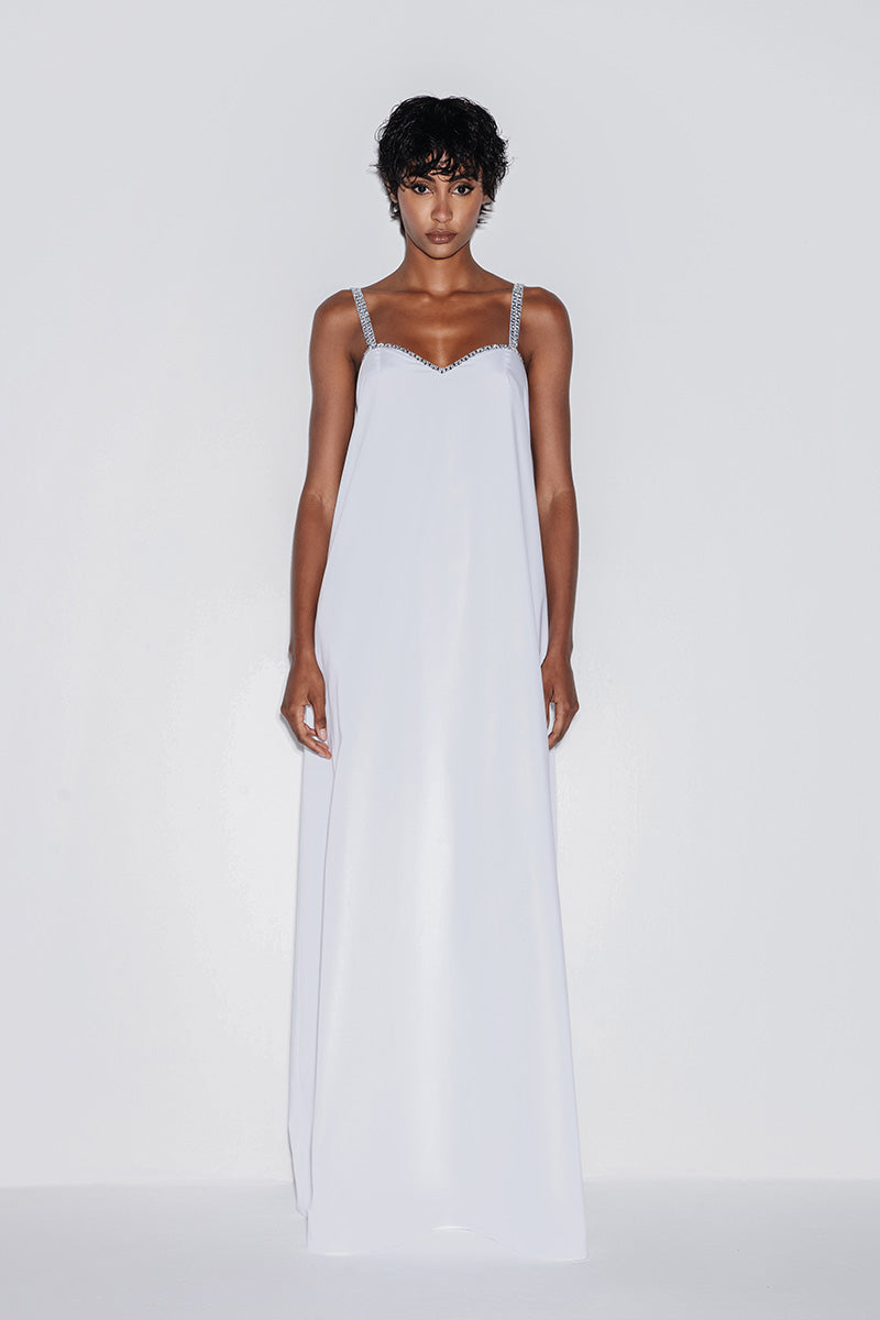 SWEETHEART MAXI DRESS WITH CRYSTAL STRAPS IN WHITE - CULT MIA