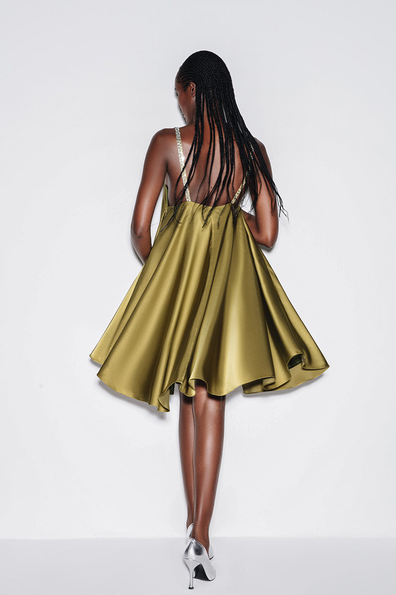 SATIN A-LINE MINI DRESS IN OLIVE GREEN - CULT MIA