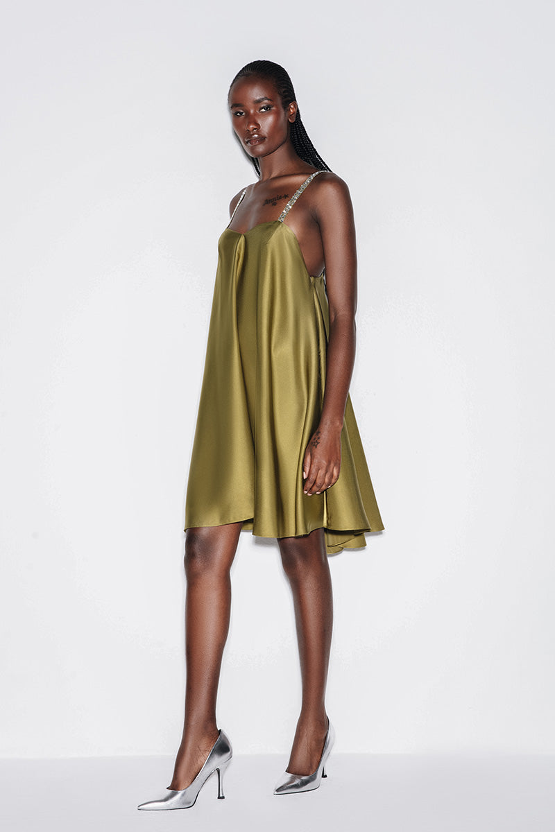 SATIN A-LINE MINI DRESS IN OLIVE GREEN | CULT MIA | Lili Blanc SATIN A-LINE MINI DRESS IN OLIVE GREEN | CULT MIA | Lili Blanc