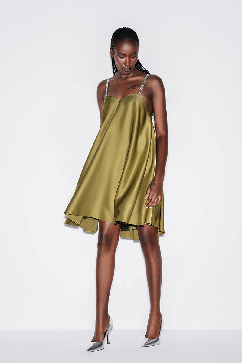 SATIN A-LINE MINI DRESS IN OLIVE GREEN - CULT MIA