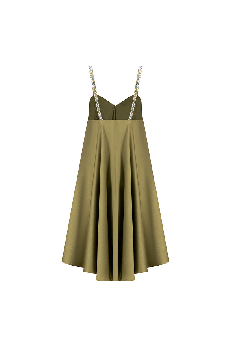 SATIN A-LINE MINI DRESS IN OLIVE GREEN - CULT MIA