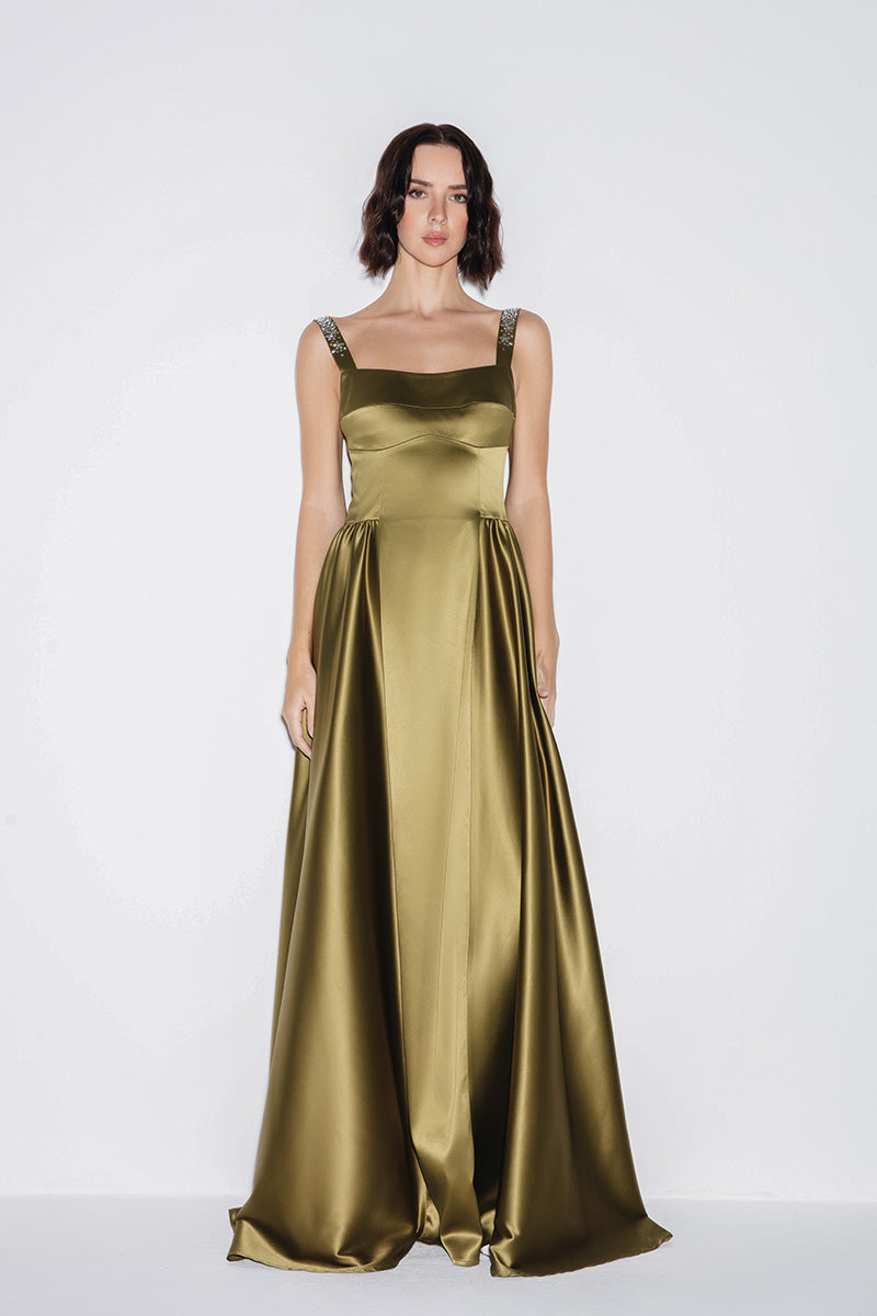 SATIN GOWN IN OLIVE GREEN - CULT MIA