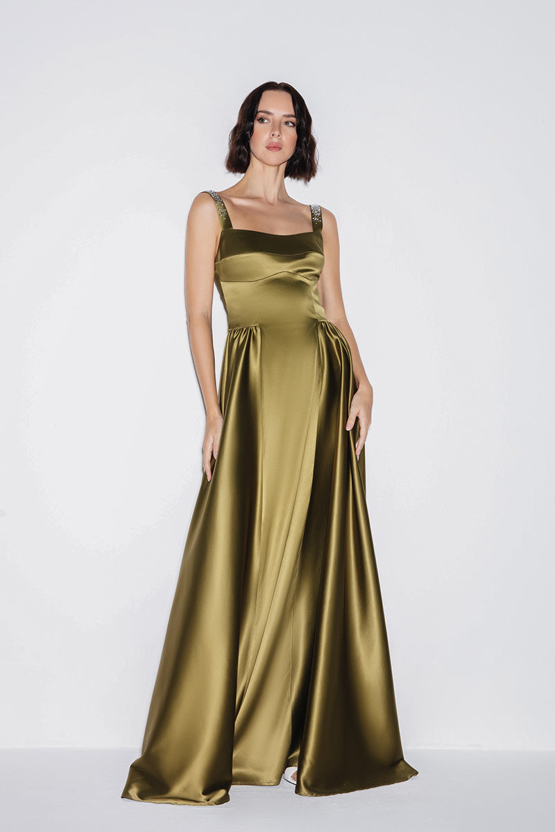 SATIN GOWN IN OLIVE GREEN - CULT MIA