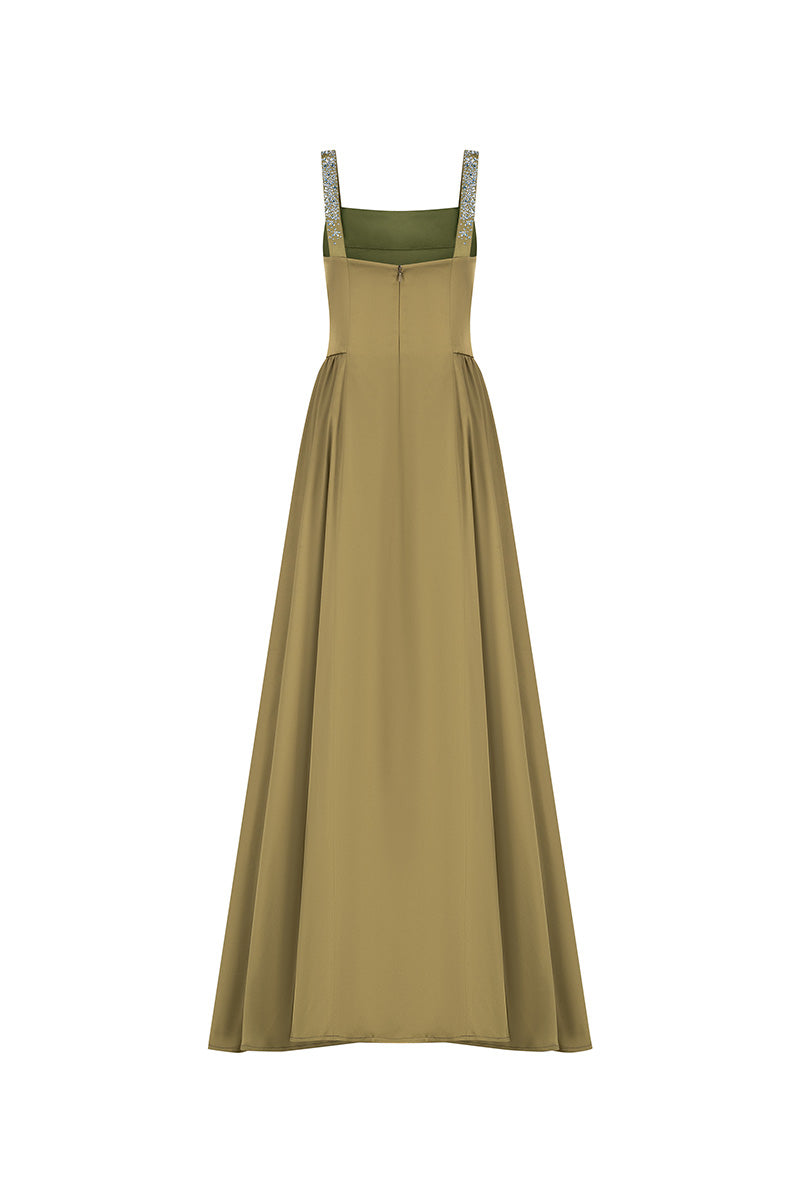 SATIN GOWN IN OLIVE GREEN - CULT MIA