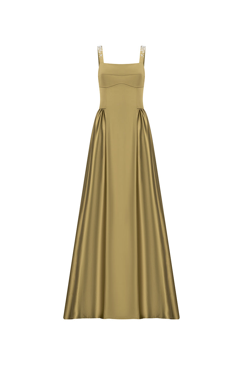 SATIN GOWN IN OLIVE GREEN - CULT MIA
