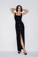 Black Lili Blanc button-up maxi dress with a flowing silhouette, perfect for elegant daytime or evening wear.