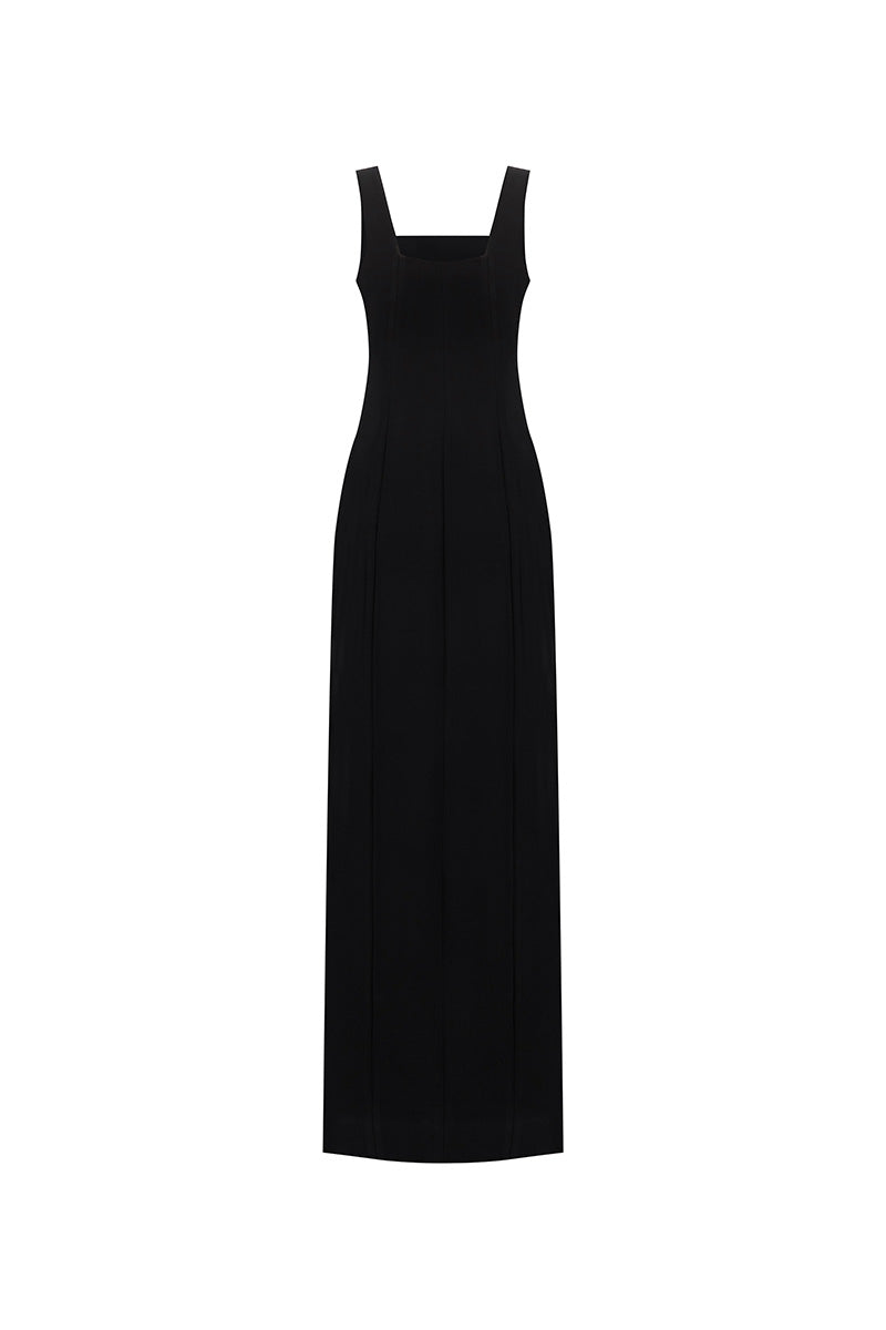 Black Button Up Maxi Dress by Lili Blanc, back view showcasing elegant length and classic design.