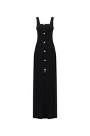 Black Button Up Maxi Dress by Lili Blanc, front view showing elegant long sleeves and flowy silhouette.