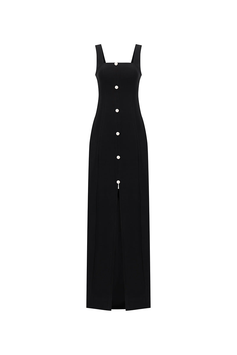 Black Button Up Maxi Dress by Lili Blanc, front view showing elegant long sleeves and flowy silhouette.