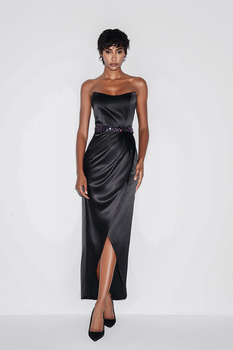 SATIN CROSS OVER MIDI DRESS IN BLACK - CULT MIA