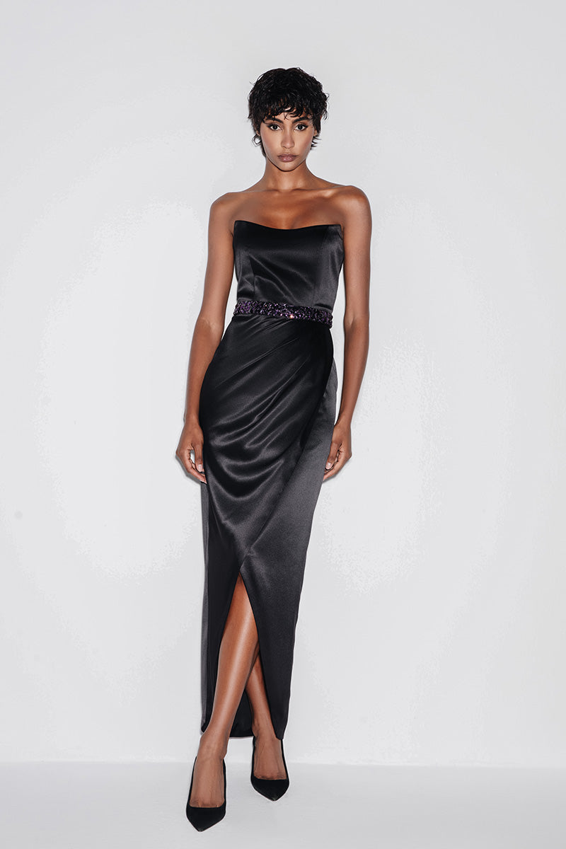 SATIN CROSS OVER MIDI DRESS IN BLACK - CULT MIA