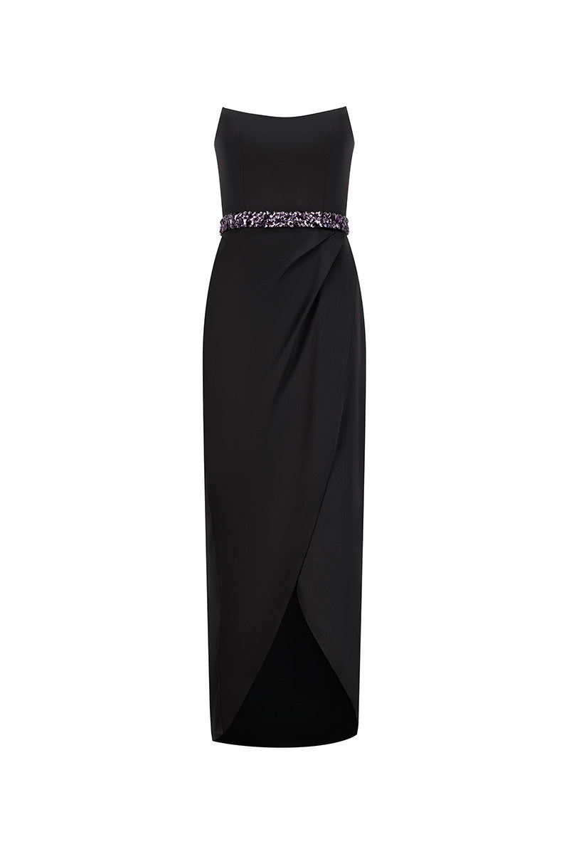 SATIN CROSS OVER MIDI DRESS IN BLACK - CULT MIA