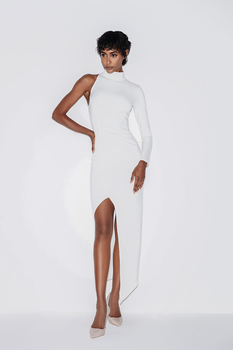 TURTLENECK ASYMMETRIC MIDI DRESS IN WHITE - CULT MIA