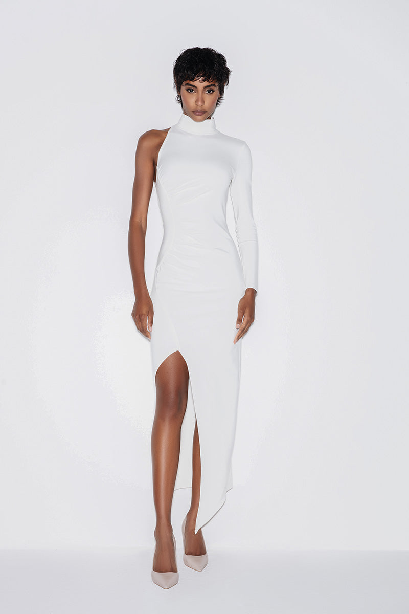 TURTLENECK ASYMMETRIC MIDI DRESS IN WHITE - CULT MIA