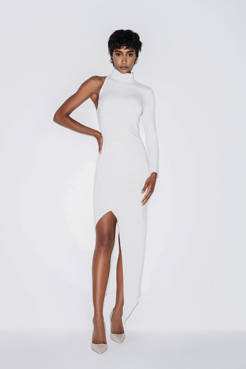 TURTLENECK ASYMMETRIC MIDI DRESS IN WHITE - CULT MIA