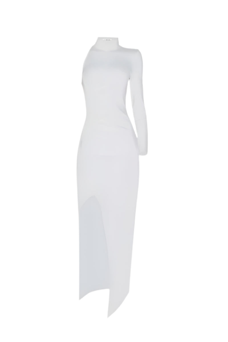 TURTLENECK ASYMMETRIC MIDI DRESS IN WHITE - CULT MIA