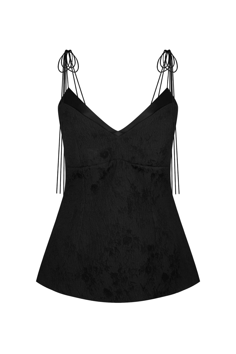 Black Jacquard camisole top by Sean Sheila, front view showing detailed fabric pattern and fitted style.