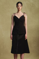 Black jacquard camisole top by Sean Sheila, detailed close-up showing intricate fabric pattern and stylish neckline.