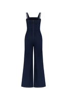 Back view of Lili Blanc blue denim jumpsuit with crystal embellishments, showcasing fitted design and stylish details.