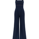 Blue denim jumpsuit by Lili Blanc with crystal embellishments, featuring a front view and stylish design details.