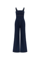 Blue denim jumpsuit by Lili Blanc with crystal embellishments, featuring a front view and stylish design details.