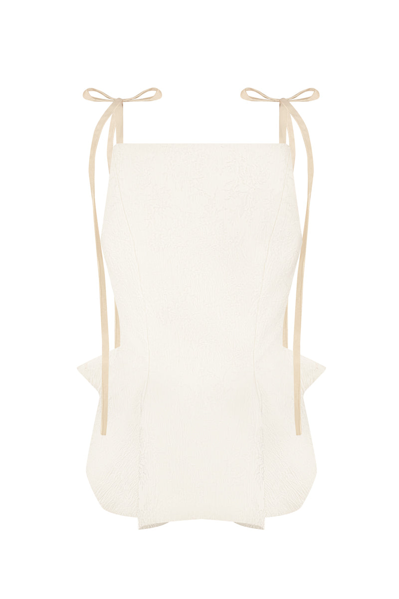 White Jacquard tank top by Sean Sheila, front view showing intricate woven pattern and sleeveless design.