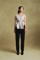 White Jacquard tank top by Sean Sheila, featuring intricate woven pattern and sleeveless design, front view.