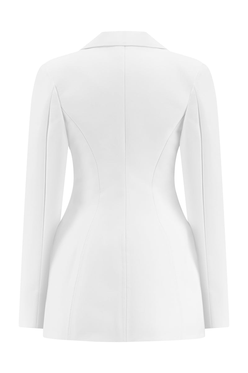 Lili Blanc sleek single-breasted blazer shown from the back, tailored fit with structured shoulders and classic lapel design.