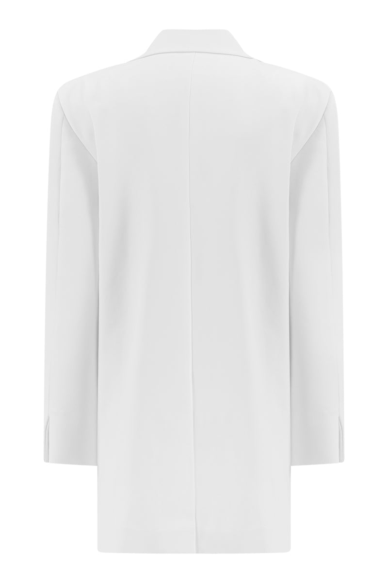Back view of Lili Blanc contemporary straight-cut blazer-inspired dress, featuring sleek design and tailored fit.
