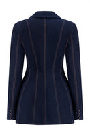 Lili Blanc double-breasted tailored denim blazer shown from the back, featuring classic design and structured fit.