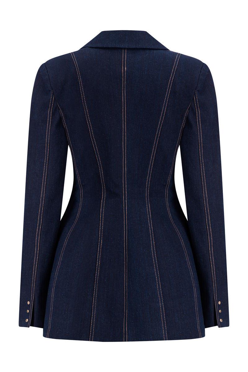 Lili Blanc double-breasted tailored denim blazer shown from the back, featuring classic design and structured fit.