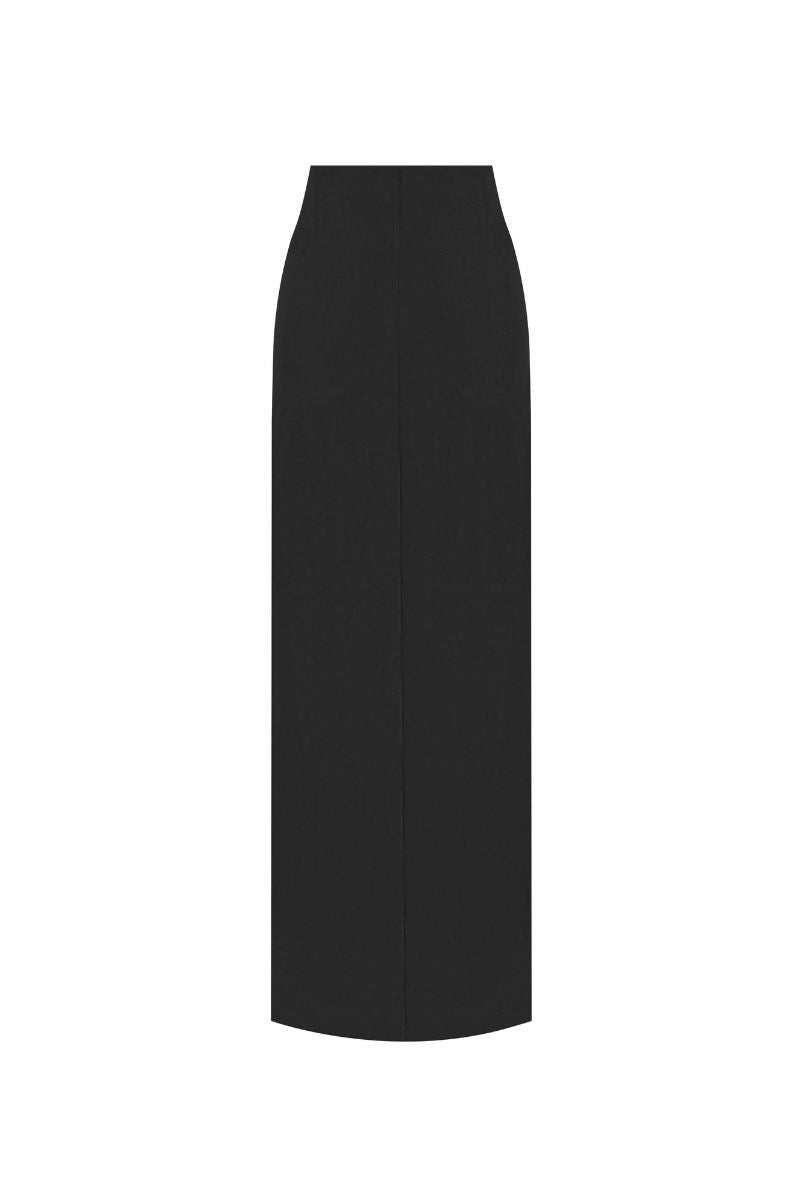 Black Sean Sheila maxi skirt with cut-out slit and piercing detail, showcased from the back.