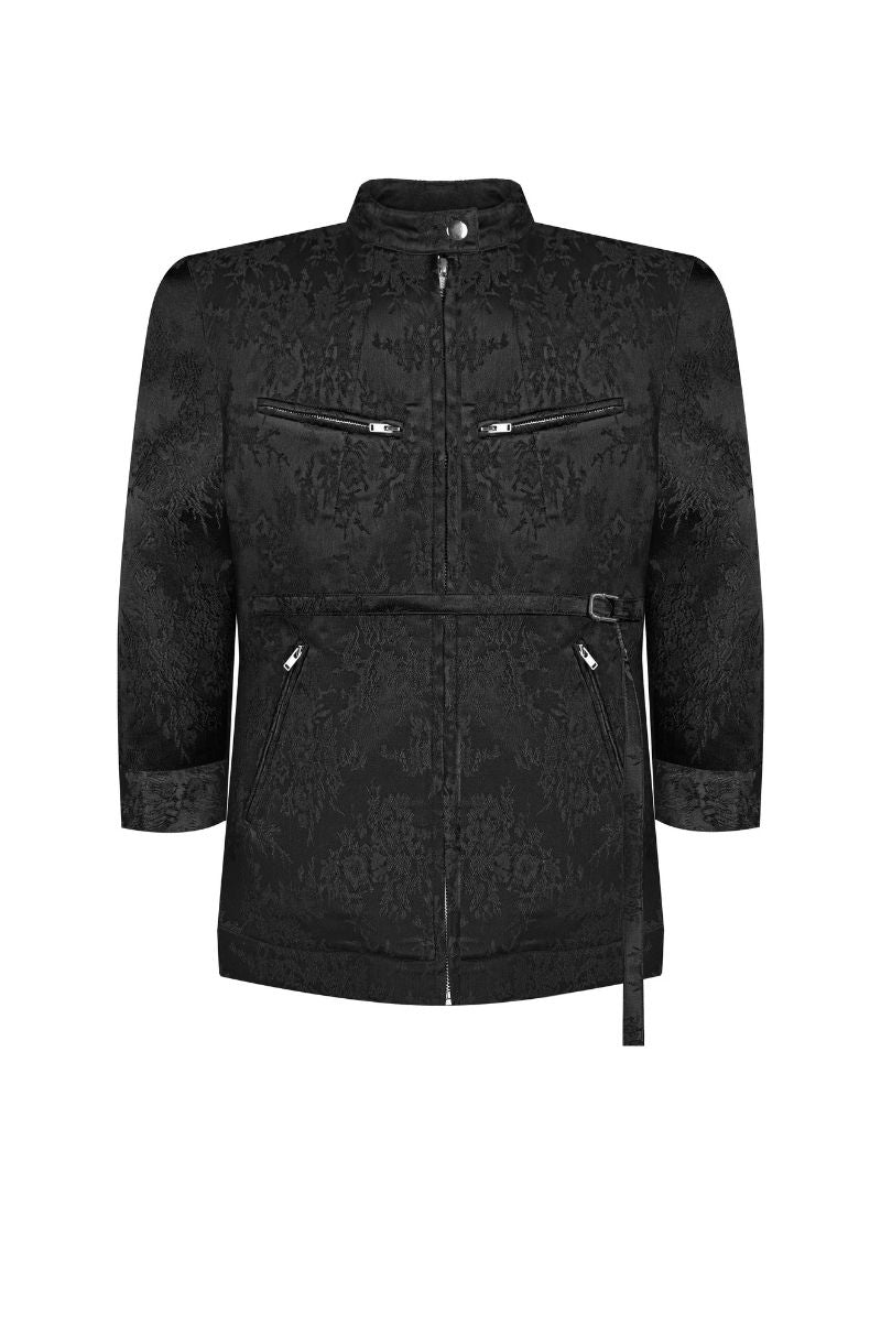 Sean Sheila cropped mandarin motorcycle jacket, stylish black jacket with front zipper and mandarin collar, casual motorcycle-inspired design.