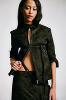 Sean Sheila cropped mandarin motorcycle jacket featuring a stylish collar and fitted design, perfect for motorcycle fashion.