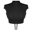 Sean Sheila cropped corset top, front view showing fitted black fabric with structured design and adjustable straps.