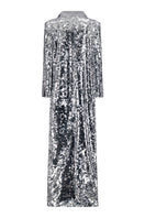 Lili Blanc sequin longline coat with shimmering embellishments, back view showcasing elegant design and tailored fit.