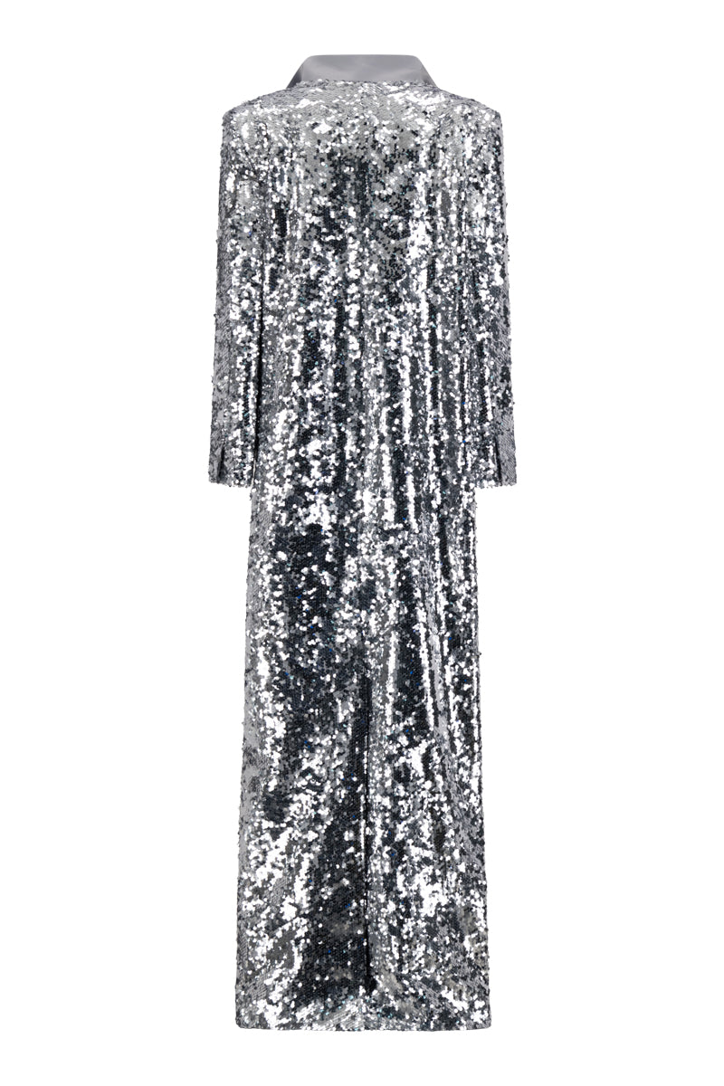 Lili Blanc sequin longline coat with shimmering embellishments, back view showcasing elegant design and tailored fit.