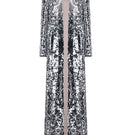 Lili Blanc sequined longline coat featuring a front view with shimmering sequins and elegant design, perfect for stylish outerwear.
