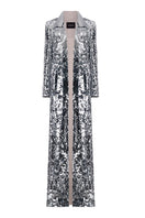 Lili Blanc sequined longline coat featuring a front view with shimmering sequins and elegant design, perfect for stylish outerwear.