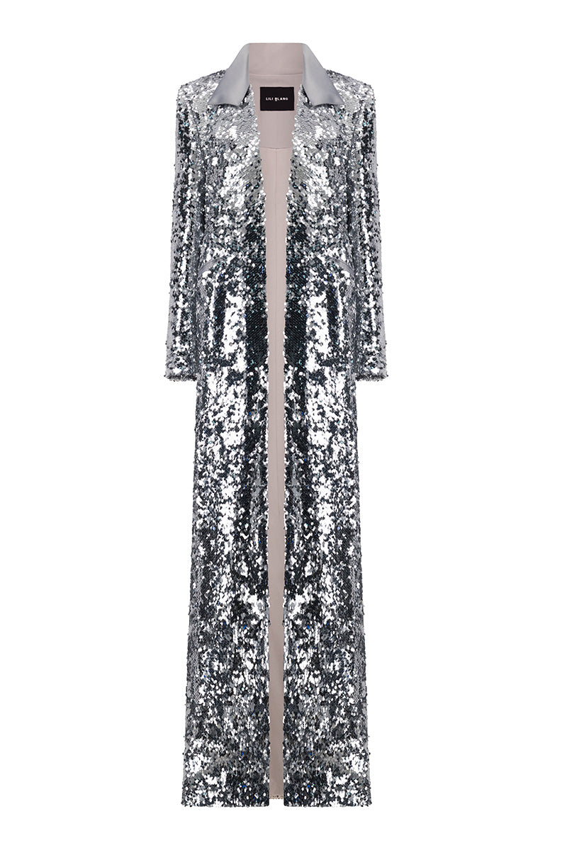 Lili Blanc sequined longline coat featuring a front view with shimmering sequins and elegant design, perfect for stylish outerwear.