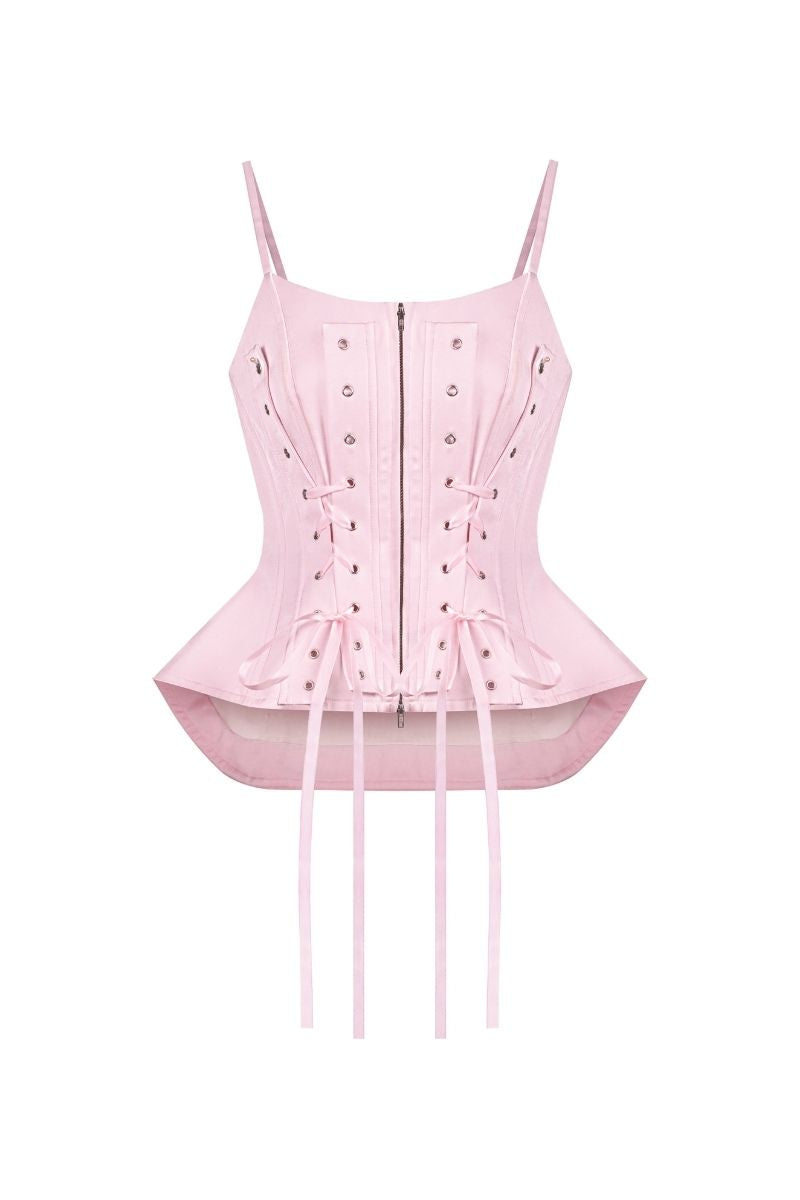 Sean Sheila deconstructed pink corset top for women, featuring a fitted design and detailed construction, front view.