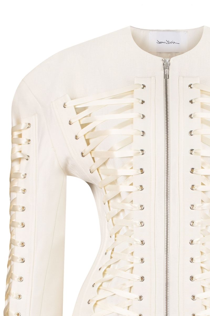 Tailored Sean Sheila corset jacket with structured design and detailed stitching, displayed on a mannequin.
